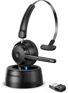 ITEM# 0132   Mopchnic Bluetooth Headset, Wireless Headset with Upgraded Microphone AI Noise Canceling, On Ear Bluetooth Headset with USB Dongle for Office Call Center Skype Zoom Meeting Online Class Trucker (Watch Video)