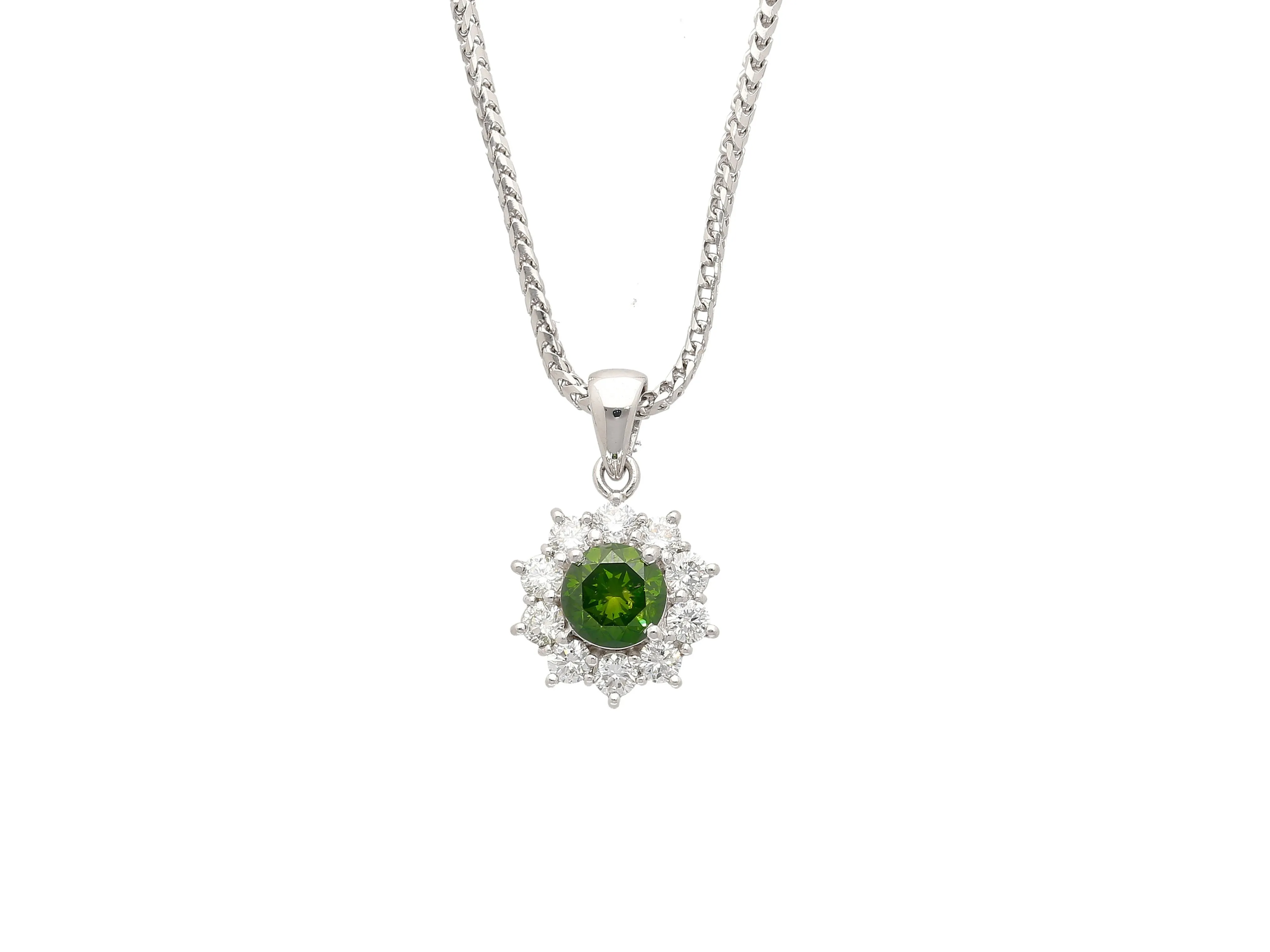 0.76 CTTW Green Diamond Floating Platinum Pendant 18k Gold Wheat Chain Necklace