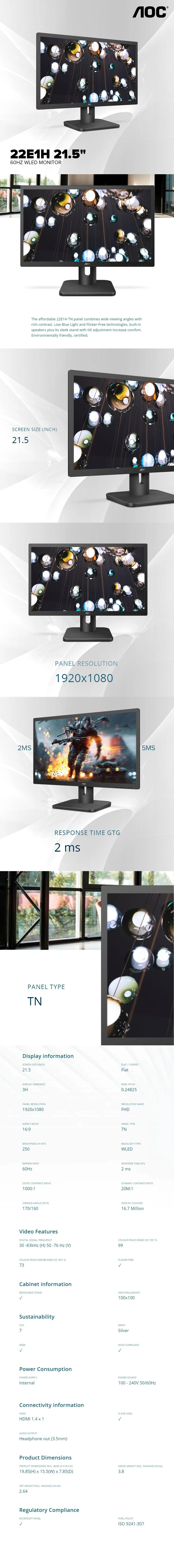 AOC 22E1H 21.5" 60Hz 1900x1080 Monitor, 2ms, 20M:1 dynamic contrast ratio, FlickerFree, HDMI/VGA, VESA compatible, EnergyStar WLED Monitor