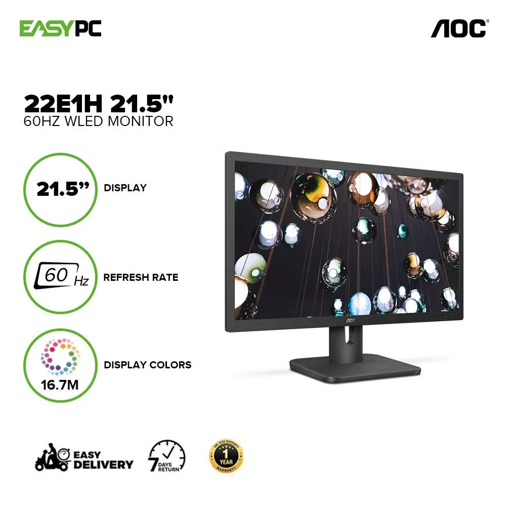 AOC 22E1H 21.5" 60Hz 1900x1080 Monitor, 2ms, 20M:1 dynamic contrast ratio, FlickerFree, HDMI/VGA, VESA compatible, EnergyStar WLED Monitor