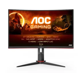 AOC 27" Curved Gaming Monitor QHD 165Hz, 1ms, VA, FreeSync, HDR10, Height Adjust, Low input Lag, 2560 x 1440