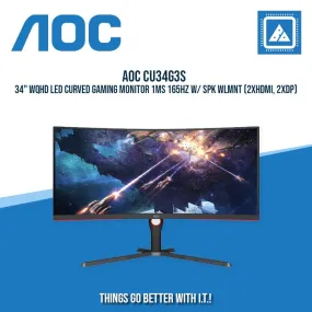 AOC CU34G3S 34" WQHD LED CURVED GAMING MONITOR 1MS 165HZ W/ SPK WLMNT (2XHDMI, 2XDP)