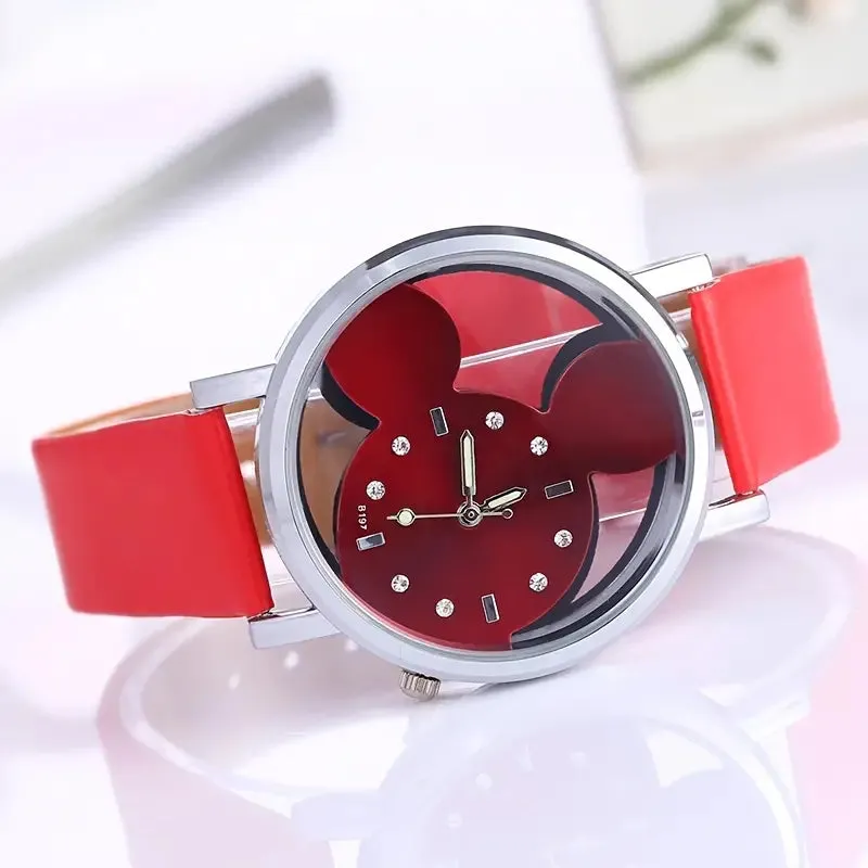 Girls Cute Elegant Hollow Out Mouse Quartz Watch With Faux Leather Band