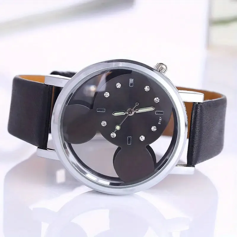 Girls Cute Elegant Hollow Out Mouse Quartz Watch With Faux Leather Band