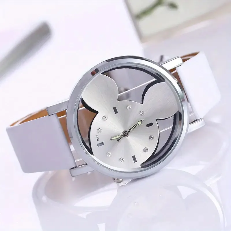 Girls Cute Elegant Hollow Out Mouse Quartz Watch With Faux Leather Band