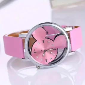 Girls Cute Elegant Hollow Out Mouse Quartz Watch With Faux Leather Band