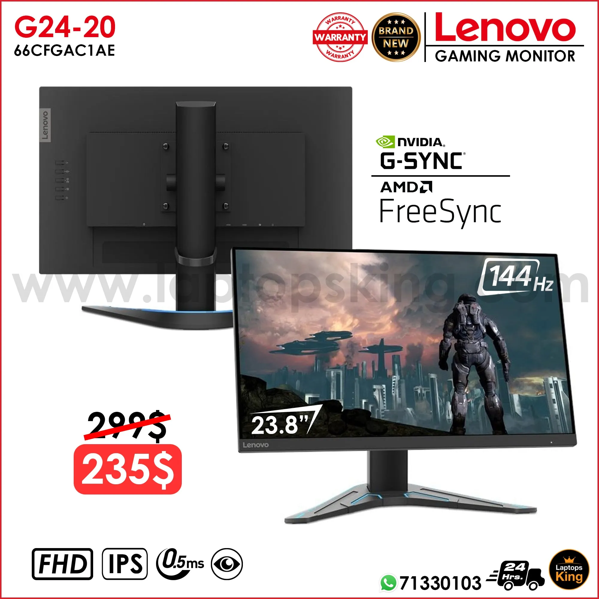 Lenovo G24-20 23.8" Fhd 144Hz 0.5ms IPS Gaming Monitor (Brand New)