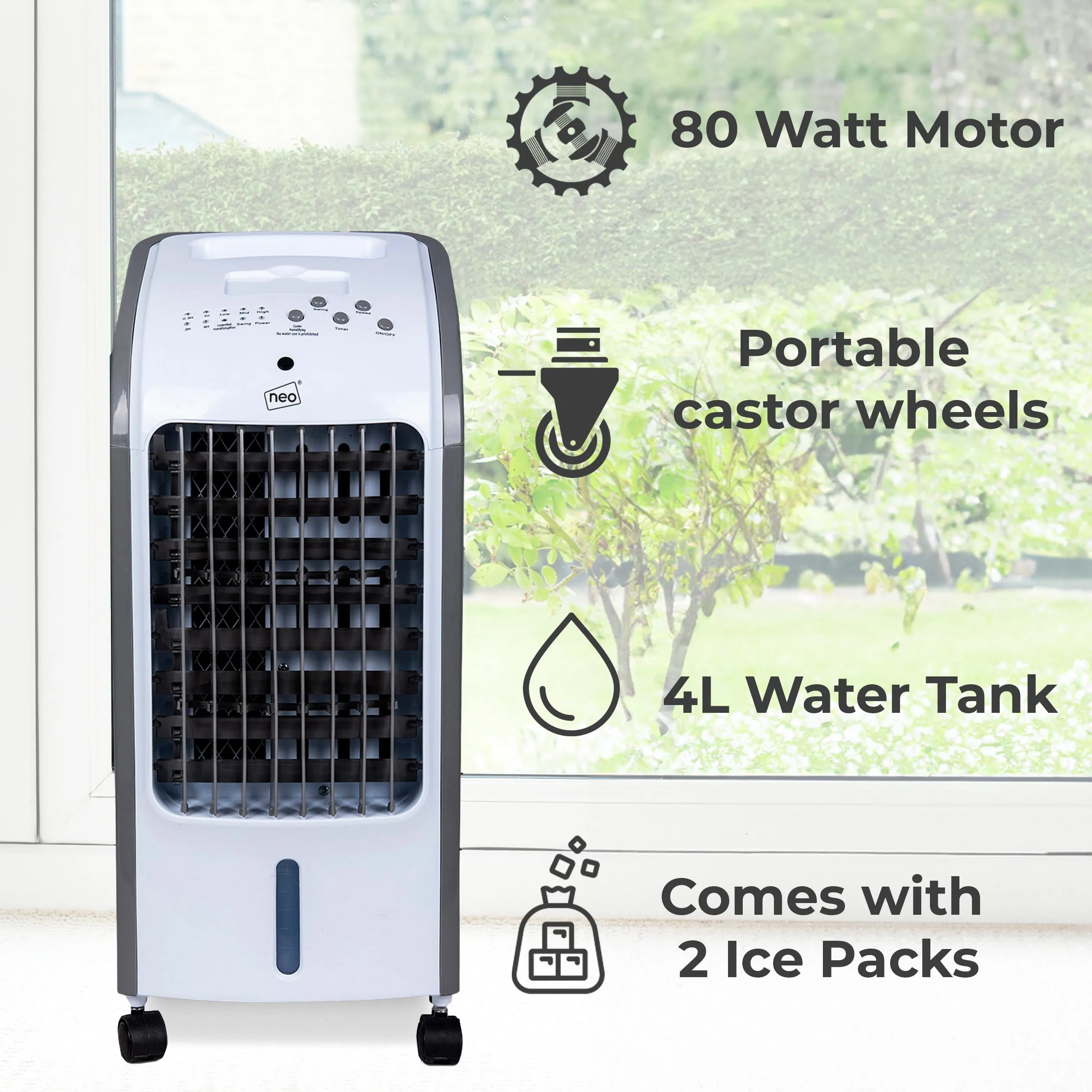 Neo White 4 Litre 80W Oscillating Portable Evaporative Cooler Fan with Remote Control