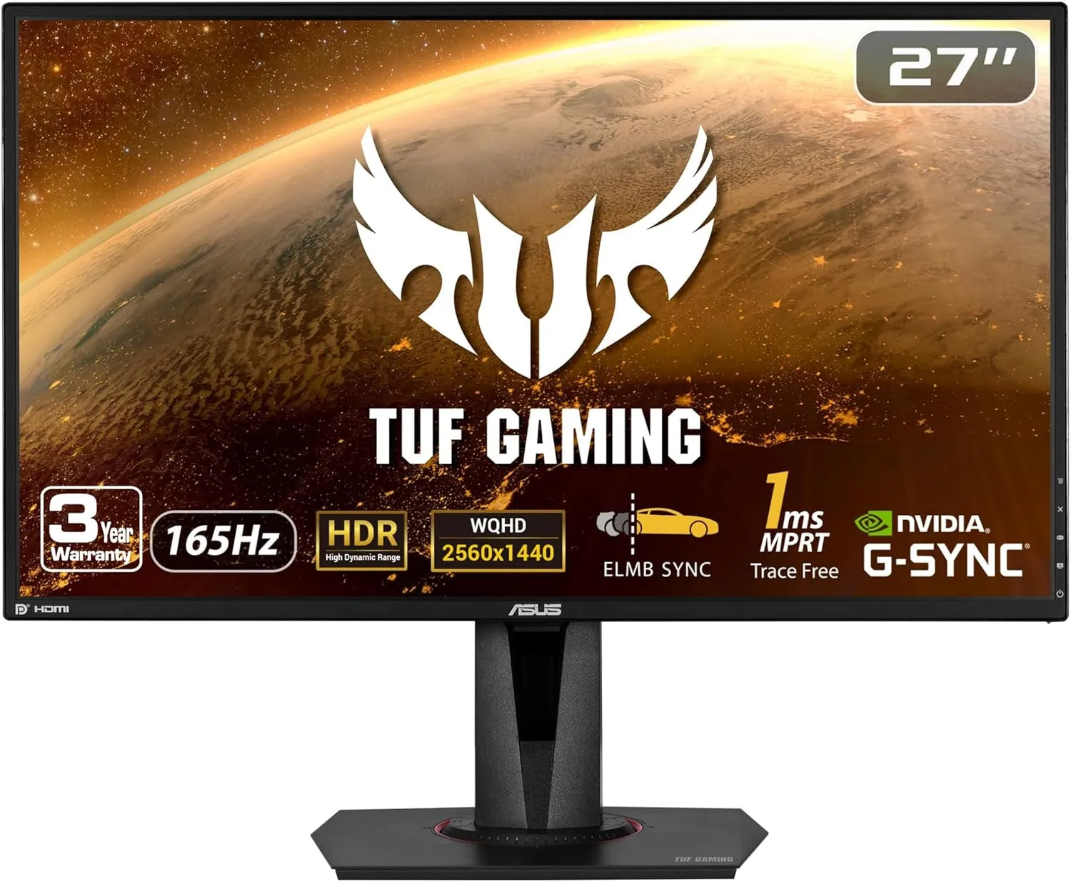 TUF Gaming 27" 2K HDR Gaming Monitor (VG27AQ) - QHD (2560 X 1440), 165Hz (Supports 144Hz), 1Ms, Extreme Low Motion Blur, Speaker, G-SYNC Compatible, VESA Mountable, Displayport, HDMI ,Black