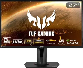 TUF Gaming 27" 2K HDR Gaming Monitor (VG27AQ) - QHD (2560 X 1440), 165Hz (Supports 144Hz), 1Ms, Extreme Low Motion Blur, Speaker, G-SYNC Compatible, VESA Mountable, Displayport, HDMI ,Black