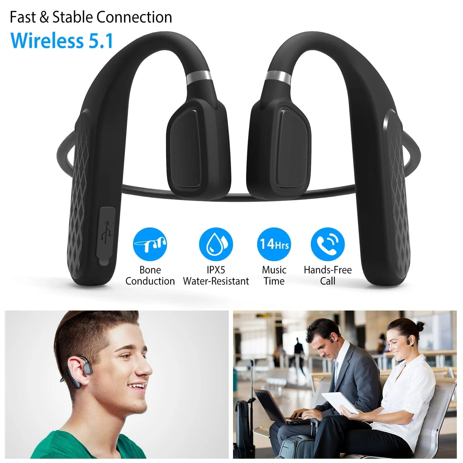 Wireless V5.1 Bone Conduction Earphones with Sensitive Mic